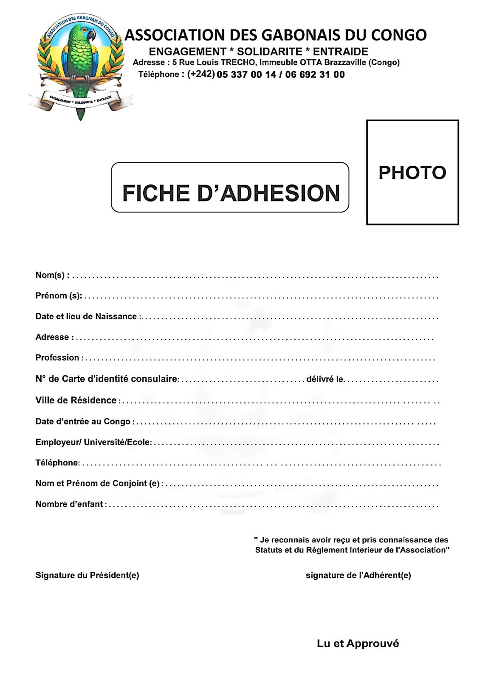 Fiche d'Adhésion - Association des Gabonais du Congo
